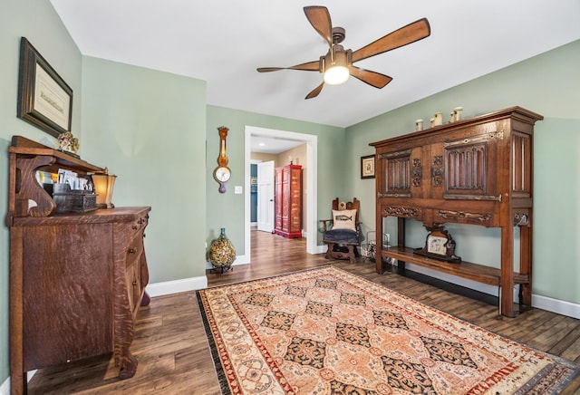 35 Graystone Dr, Hampden, ME 04444 - living area featuring ceiling fan, dark wood finished floors, and baseboards