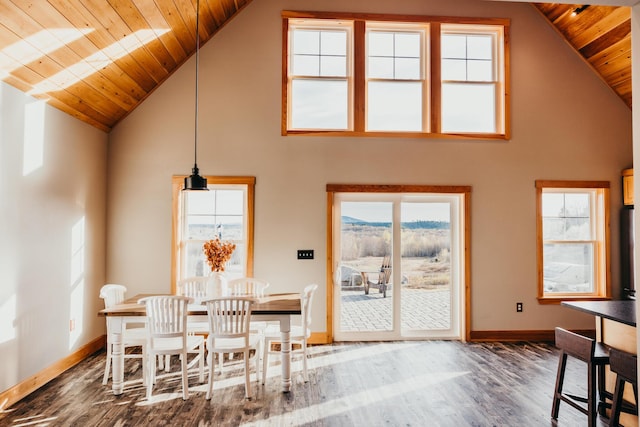 104 Hamlin Rd, Waterford, ME 04088 - dining space with baseboards, high vaulted ceiling, wood ceiling, and wood finished floors