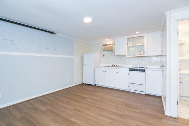 7 Bay Ave Unit 2, Old Orchard Beach, ME 04064 - kitchen featuring white appliances, open shelves, a sink, white cabinets, and light wood finished floors