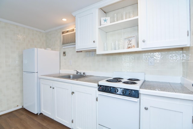 7 Bay Ave Unit 2, Old Orchard Beach, ME 04064 - kitchen with white appliances, crown molding, a sink, dark wood-style floors, and white cabinets