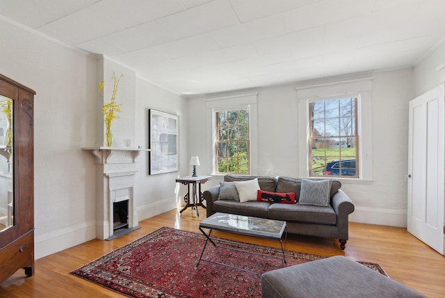 11 Linden St, Bath, ME 04530 - living area with a fireplace, ornamental molding, baseboards, and wood finished floors