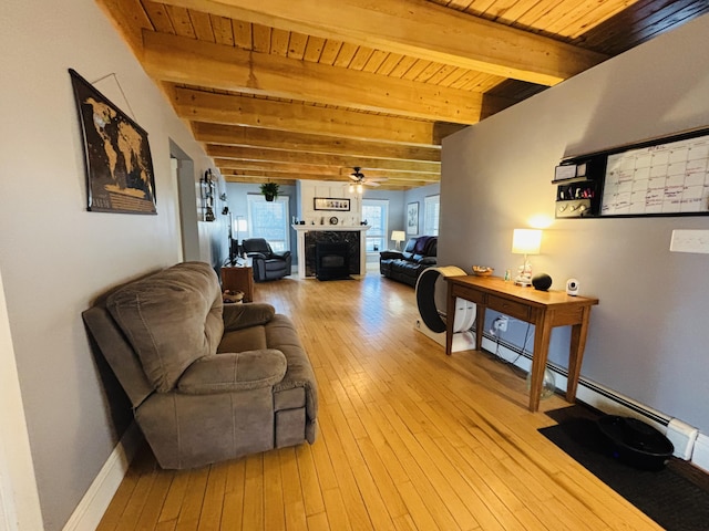 living area with wood ceiling, ceiling fan, beamed ceiling, and light wood finished floors