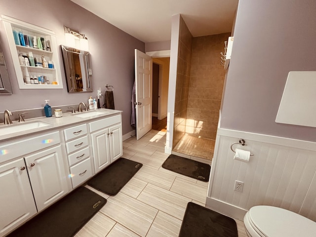 full bath featuring a sink, wainscoting, walk in shower, and toilet