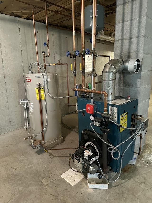 utility room with a heating unit and electric water heater