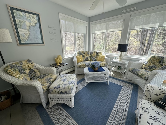 sunroom / solarium featuring ceiling fan, outdoor lounge area, and a wealth of natural light