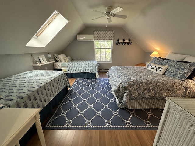 bedroom featuring a wall mounted air conditioner, a ceiling fan, wood finished floors, a baseboard radiator, and lofted ceiling with skylight