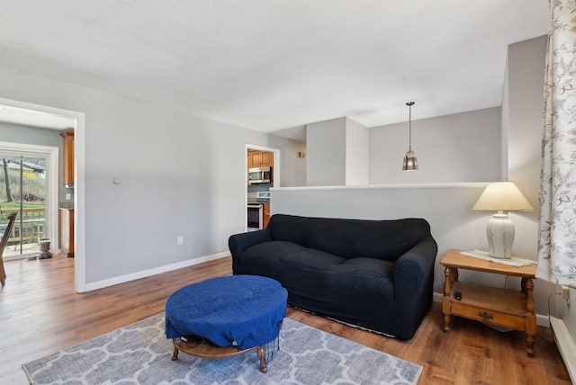 living room with baseboards and wood finished floors
