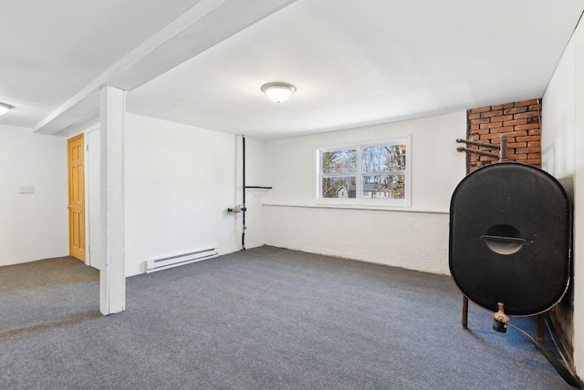 sitting room featuring carpet floors, a baseboard radiator, and heating fuel