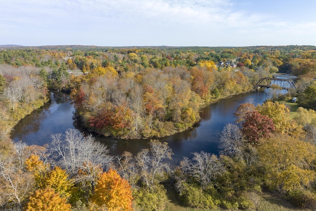 birds eye view of property featuring a water view and a wooded view