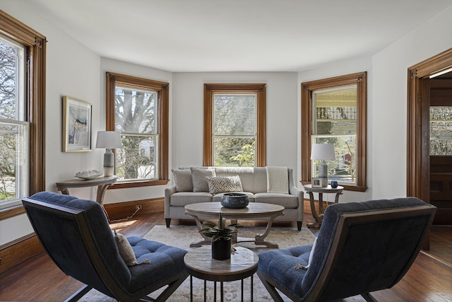 sitting room with baseboards, a wealth of natural light, and wood finished floors