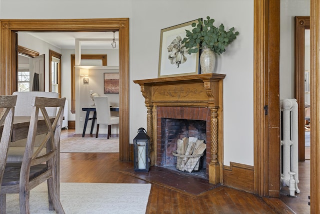 living area with wood-type flooring and a fireplace