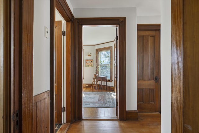 hall with baseboards and wood-type flooring