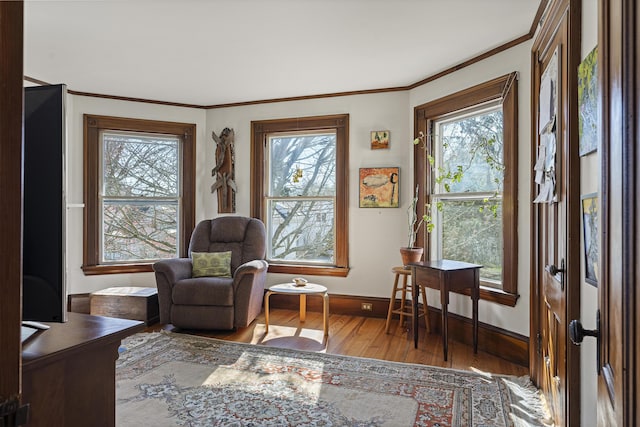 living area with baseboards, ornamental molding, wood finished floors, and a wealth of natural light