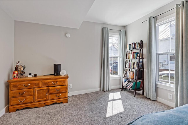 bedroom featuring baseboards, multiple windows, and light carpet