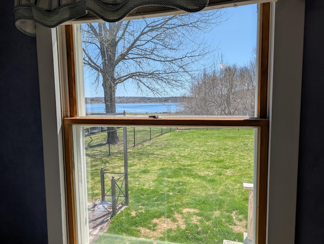 interior details with a water view