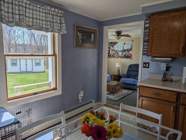 dining space with crown molding, a ceiling fan, and a textured ceiling