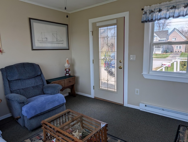 sitting room featuring a baseboard radiator, baseboards, ornamental molding, and carpet flooring