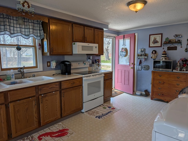 kitchen featuring white appliances, brown cabinets, plenty of natural light, and a sink