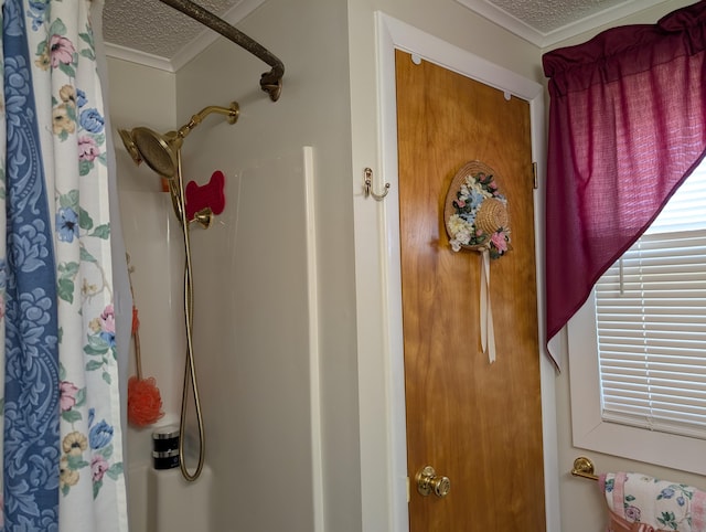 interior details featuring ornamental molding, a textured ceiling, and a shower with shower curtain