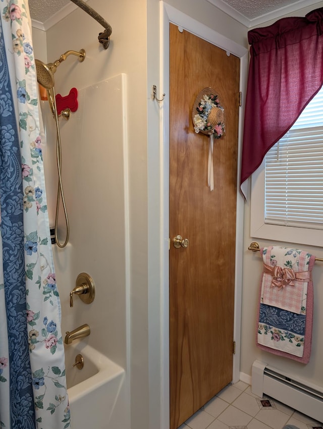 bathroom featuring a baseboard radiator, tile patterned floors, shower / bath combo, and ornamental molding