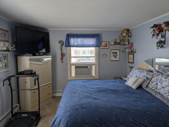 bedroom with ornamental molding, baseboard heating, carpet flooring, and cooling unit