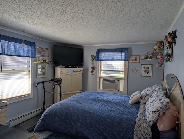 bedroom featuring crown molding, a textured ceiling, multiple windows, and cooling unit