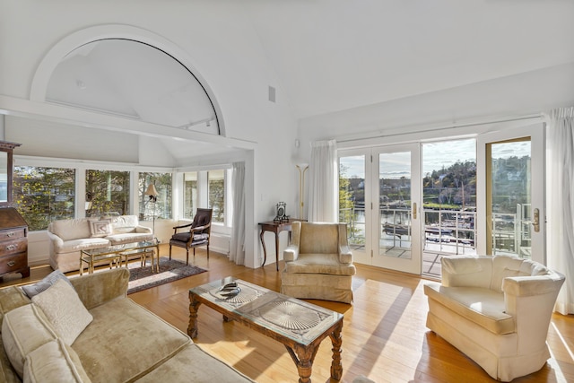 living area featuring high vaulted ceiling, a wealth of natural light, and light wood-style flooring