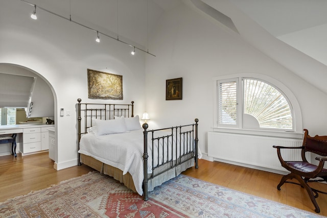 bedroom featuring rail lighting, radiator, and light wood-style flooring