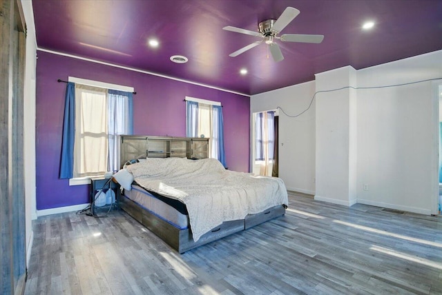 84 Main St, Dixfield, ME 04224 - bedroom featuring baseboards, a ceiling fan, recessed lighting, and wood finished floors