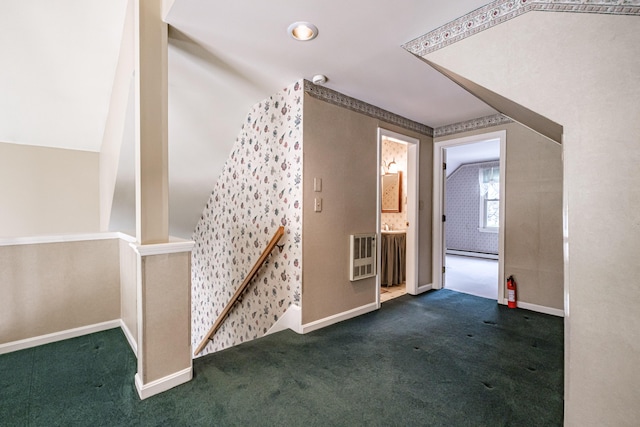 bonus room with carpet floors, a baseboard radiator, heating unit, and baseboards