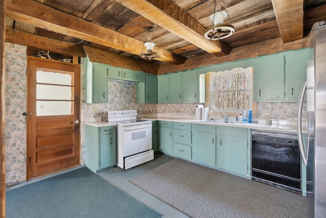 kitchen with electric range, wooden ceiling, a sink, dishwasher, and green cabinets