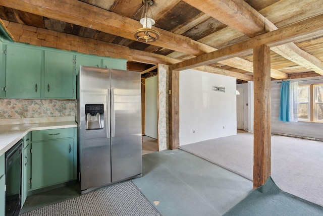 kitchen with wood ceiling, beam ceiling, light countertops, stainless steel fridge with ice dispenser, and green cabinets