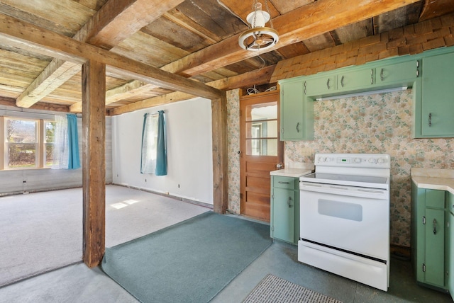 kitchen featuring electric range, dark carpet, beamed ceiling, wood ceiling, and green cabinets