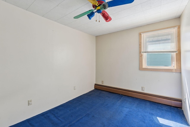 spare room featuring carpet floors, a ceiling fan, and baseboard heating