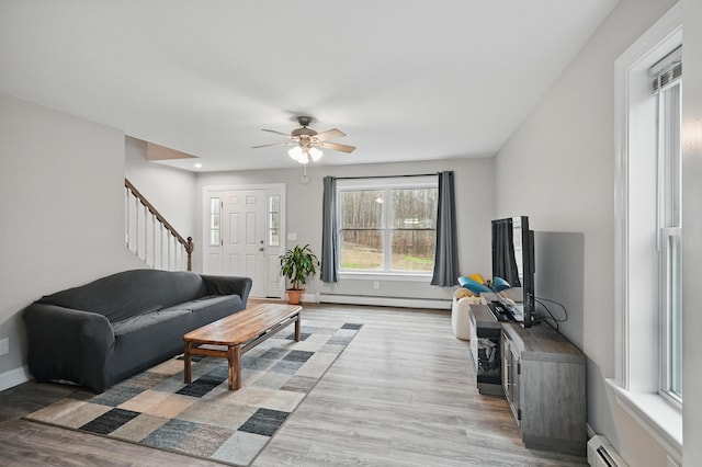 66 Balsam Dr, Windsor, ME 04363 - living area featuring a baseboard radiator, ceiling fan, and light wood-style floors