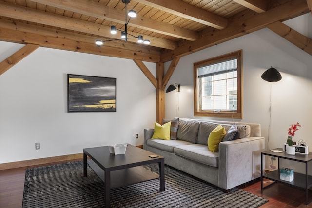 living area with wood ceiling, wood finished floors, and beam ceiling