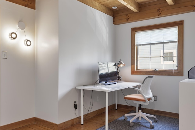 home office featuring beamed ceiling, baseboards, wood finished floors, and wood ceiling