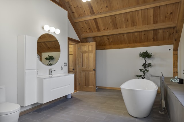 full bath featuring wooden ceiling, vanity, toilet, a freestanding tub, and baseboards