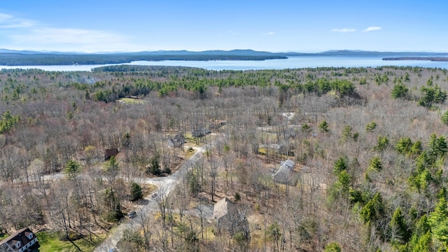 aerial view with a water and mountain view and a wooded view