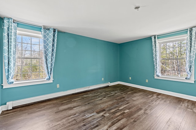empty room with baseboards, dark wood finished floors, and baseboard heating