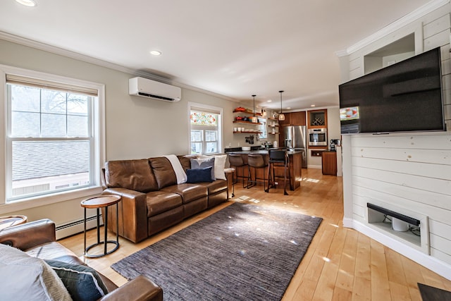 living area featuring crown molding, light wood-style flooring, recessed lighting, a baseboard heating unit, and a wall mounted AC