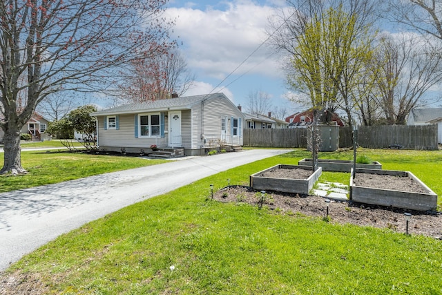 exterior space with fence, a yard, and a vegetable garden