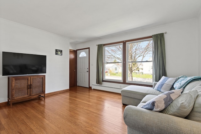 living area featuring baseboards, a baseboard radiator, and light wood-type flooring