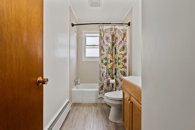 full bathroom with shower / tub combo with curtain, toilet, wood finished floors, a baseboard radiator, and visible vents