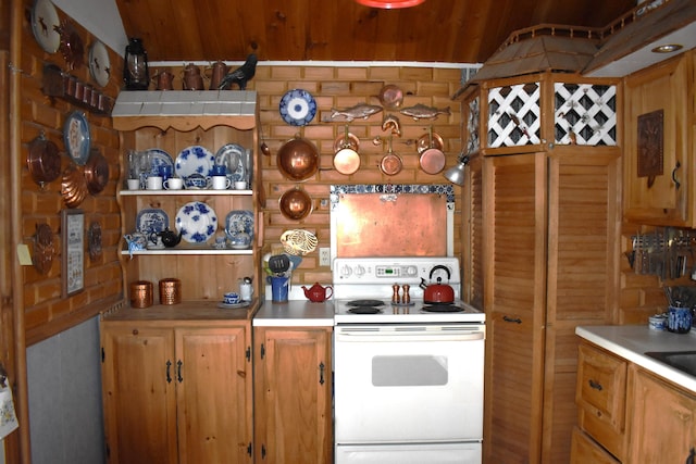 158 Old Stage Rd, Readfield, ME 04355 - kitchen with electric range and wood ceiling