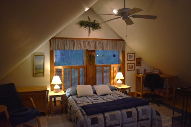 158 Old Stage Rd, Readfield, ME 04355 - bedroom with a ceiling fan and vaulted ceiling