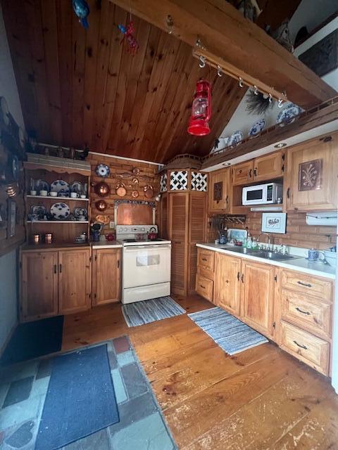 158 Old Stage Rd, Readfield, ME 04355 - kitchen featuring a sink, white appliances, light countertops, wooden ceiling, and vaulted ceiling