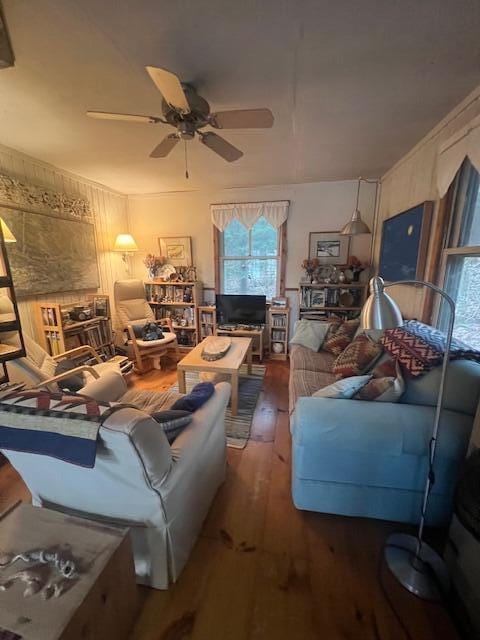 158 Old Stage Rd, Readfield, ME 04355 - living room with a ceiling fan and hardwood / wood-style floors