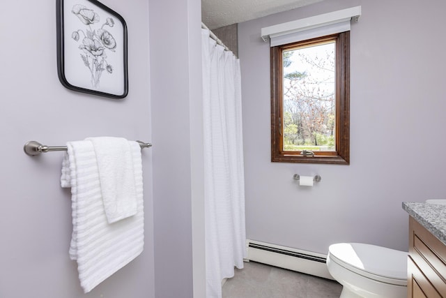 full bathroom with baseboard heating, tile patterned flooring, vanity, toilet, and curtained shower