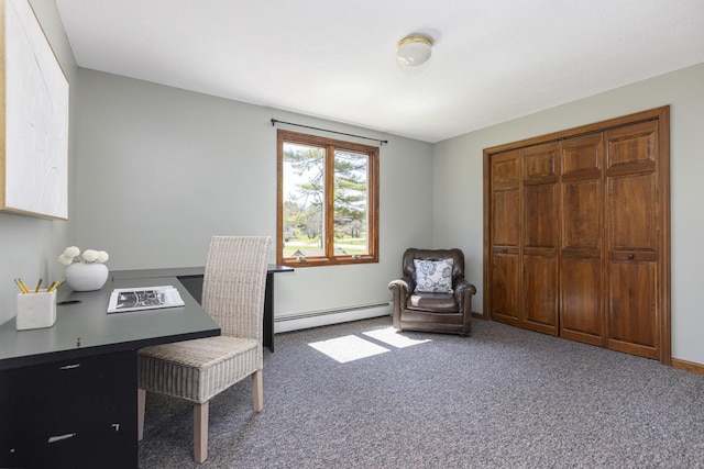 carpeted office featuring a baseboard radiator